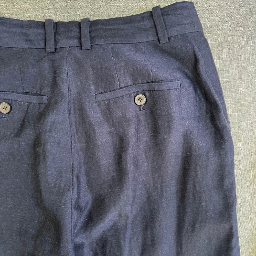 Babaton Agency Linen Cropped High Rise Straight Leg Pant Womens 2 Navy Blue $148